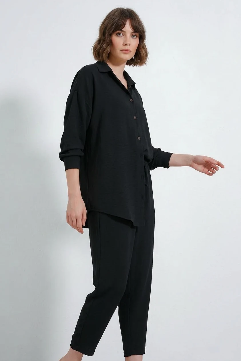 Kadın Beli Büzgülü Oversize Viskon Siyah Takım