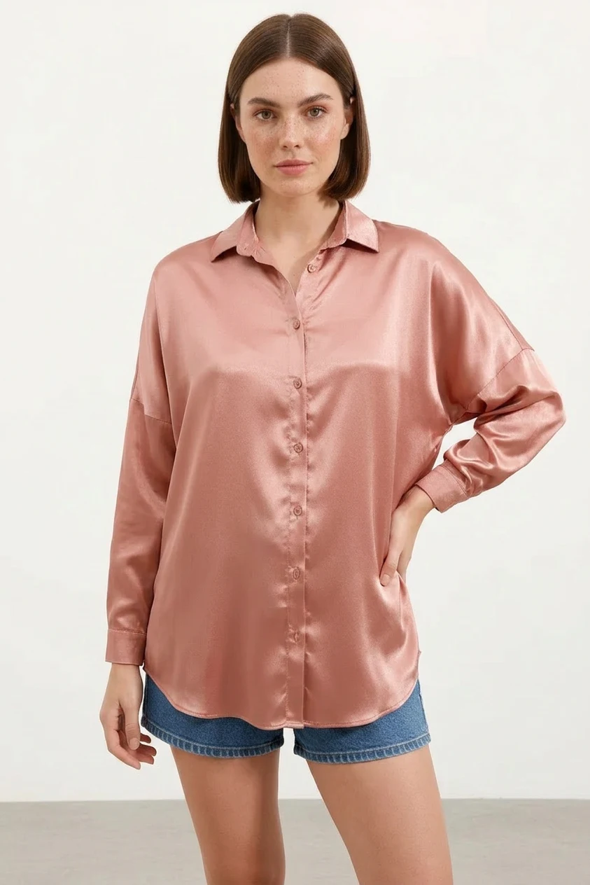 Kadın Oversize Kesim Saten Camel Gömlek