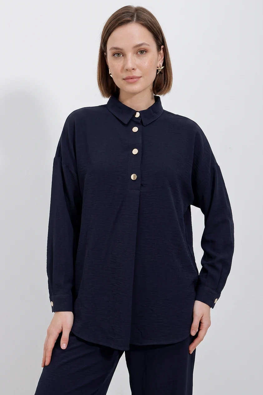 Kadın Düğmeli Oversize Lacivert Takım