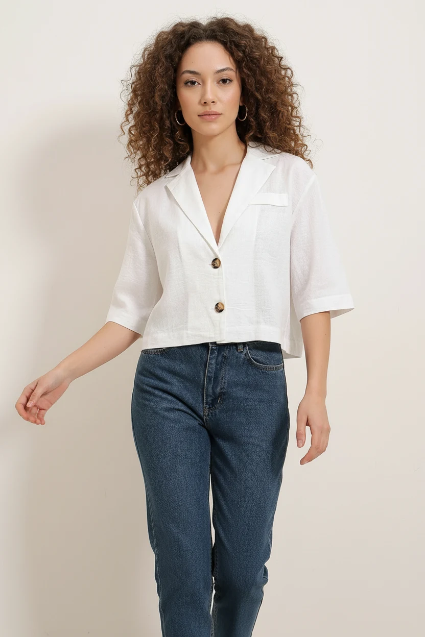 Kadın Gömlek Yaka Crop Oversize Düğmeli Keten Beyaz Ceket