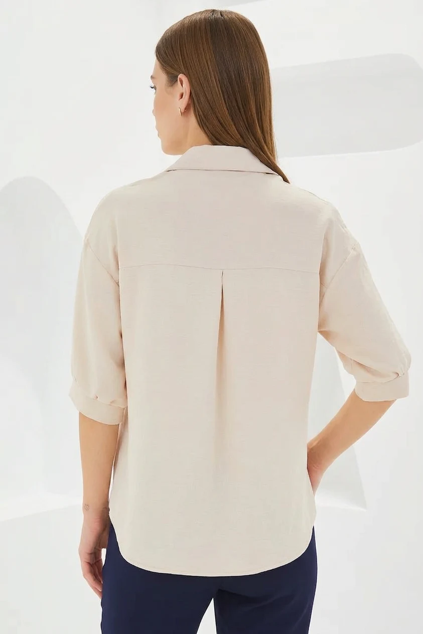 Kadın Kısa Kol Oversize Keten Krem Gömlek