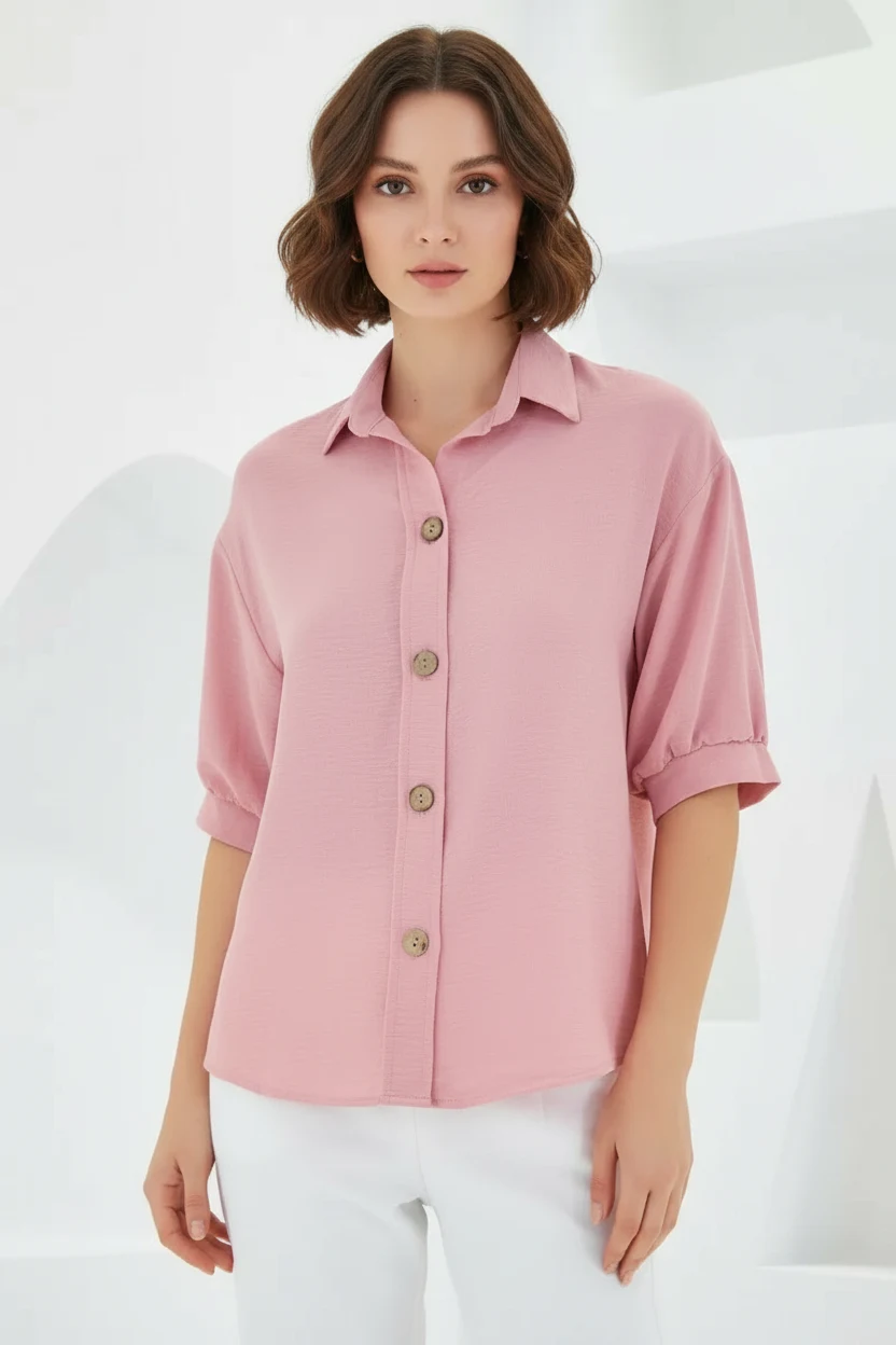 Kadın Oversize Kesim Kısa Kol Keten Pembe Gömlek