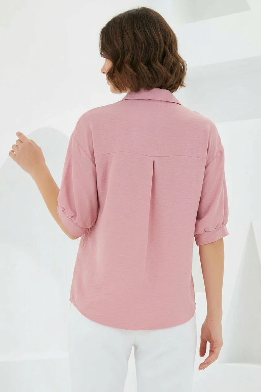 Kadın Oversize Kesim Kısa Kol Keten Pembe Gömlek