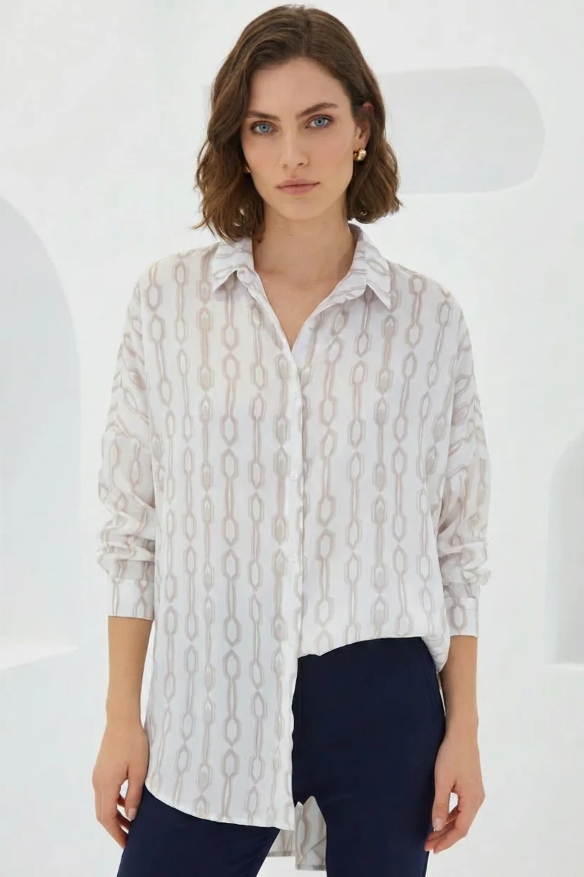 Kadın Oversize Desenli Saten Bej Beyaz Gömlek
