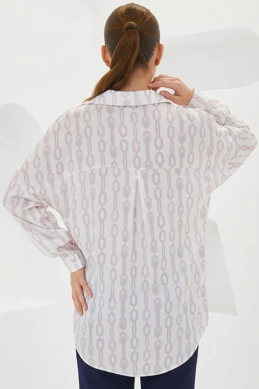 Kadın Oversize Desenli Saten Pudra Gömlek