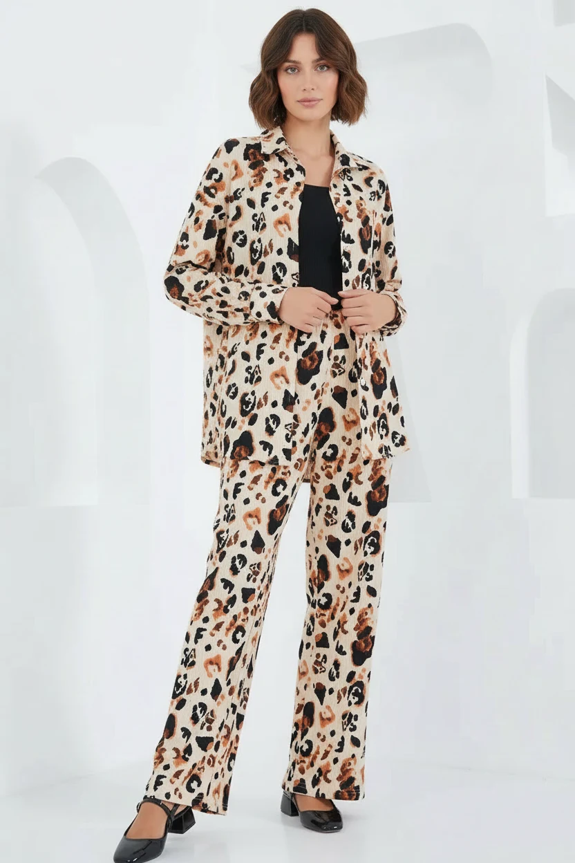Kadın Gömlek Yaka Oversize Leopar Desenli Krem İkili Takım