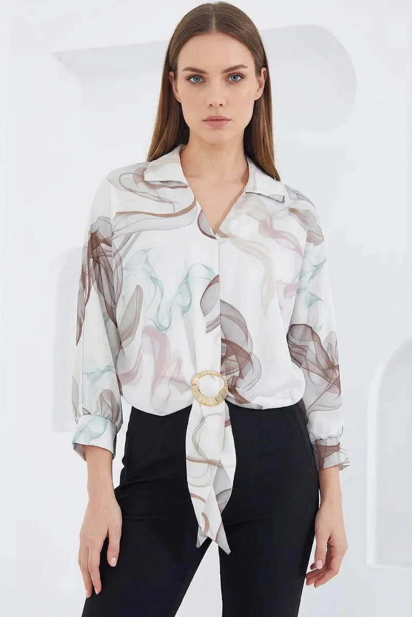 Kadın Crop Oversize Desenli Saten Kahverengi Gömlek