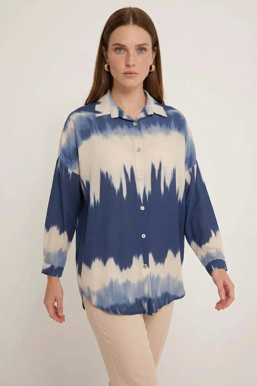 Kadın Oversize Desenli Lacivert Gömlek