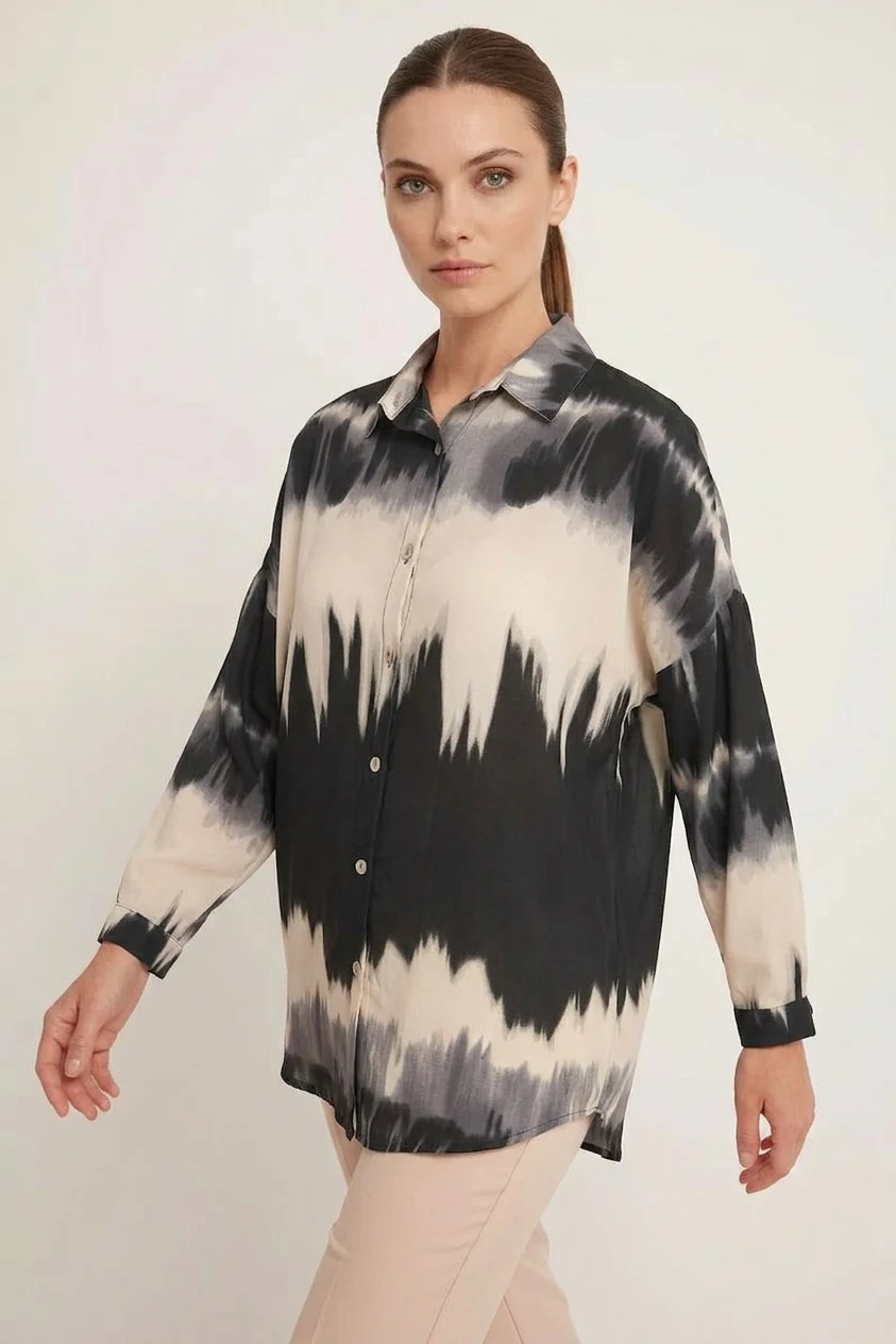Kadın Oversize Desenli Turuncu Siyah Gömlek
