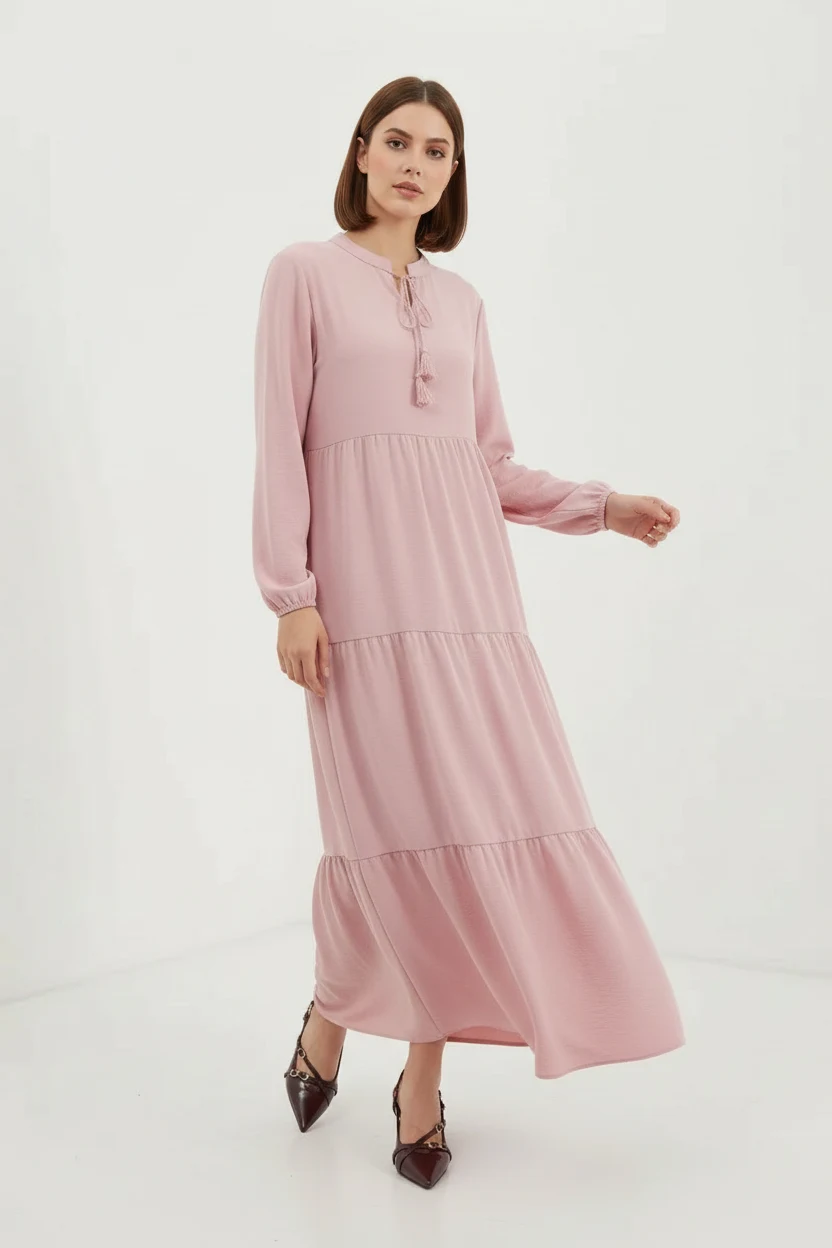 Kadın Bağcıklı Yaka Fırfırlı Açık Pembe Tesettür Elbise