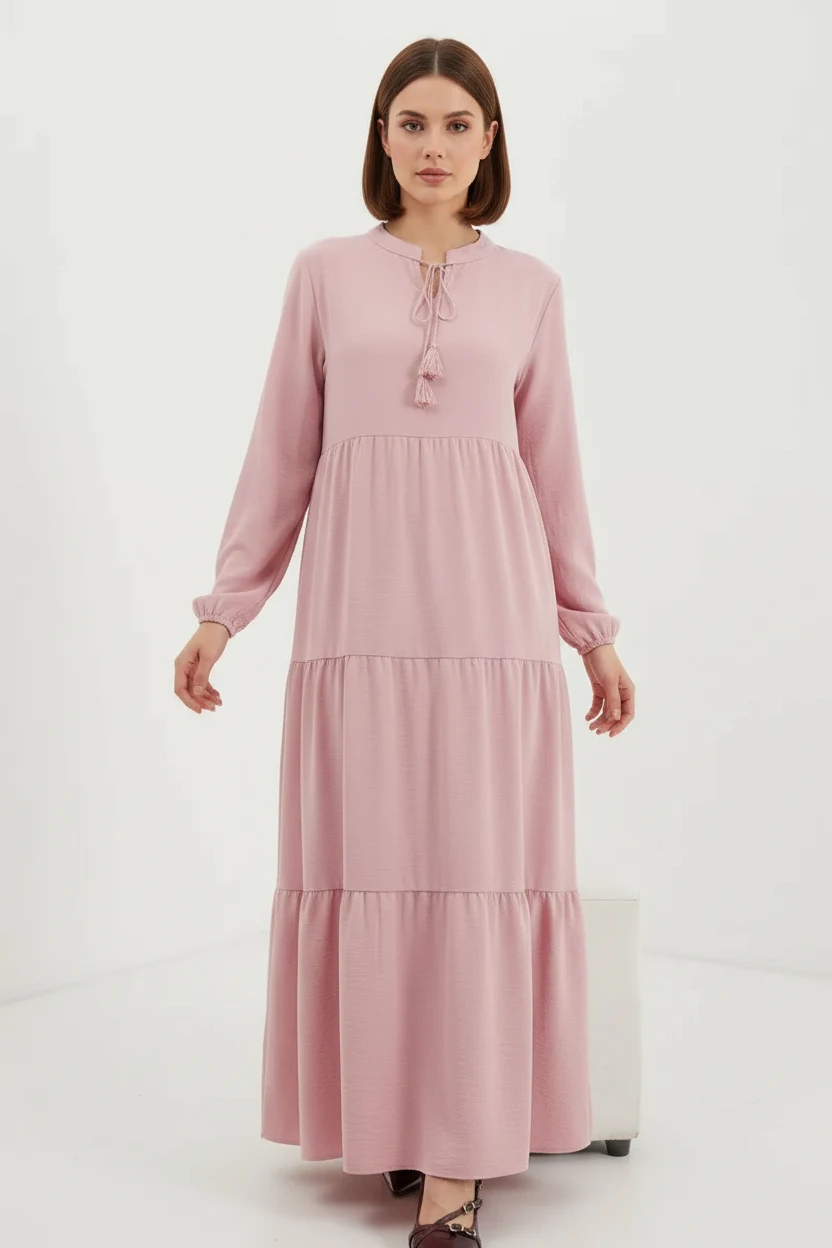 Kadın Bağcıklı Yaka Fırfırlı Açık Pembe Tesettür Elbise