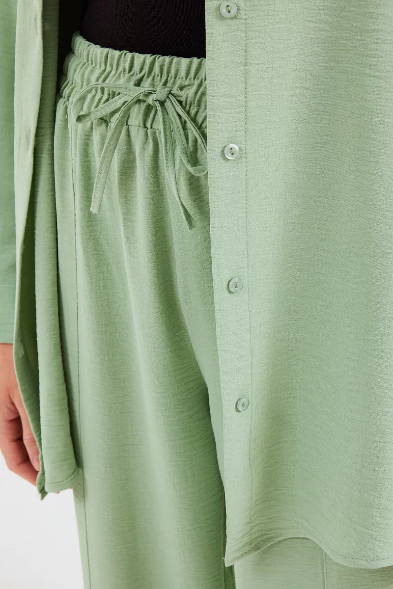 Kadın Gömlek Yaka Beli Büzgülü Oversize Mint İkili Takım