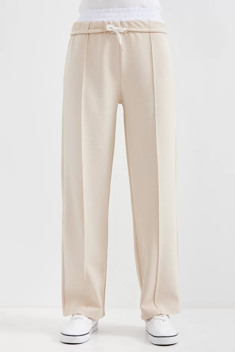 Kadın Beli Büzgülü Çimali Krem Pantolon