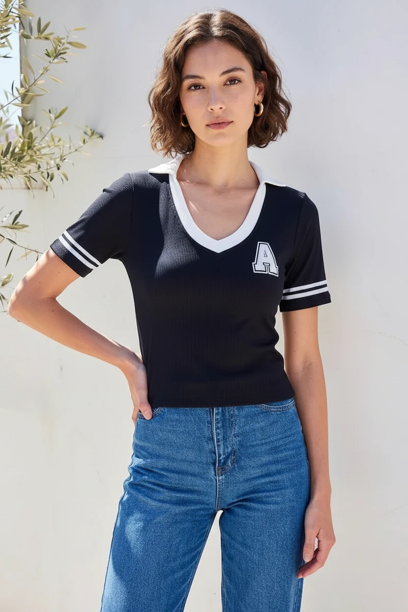 Kadın Polo Yaka Harf Aplike Basic Çizgili Kol Detayı Triko Siyah Tişört
