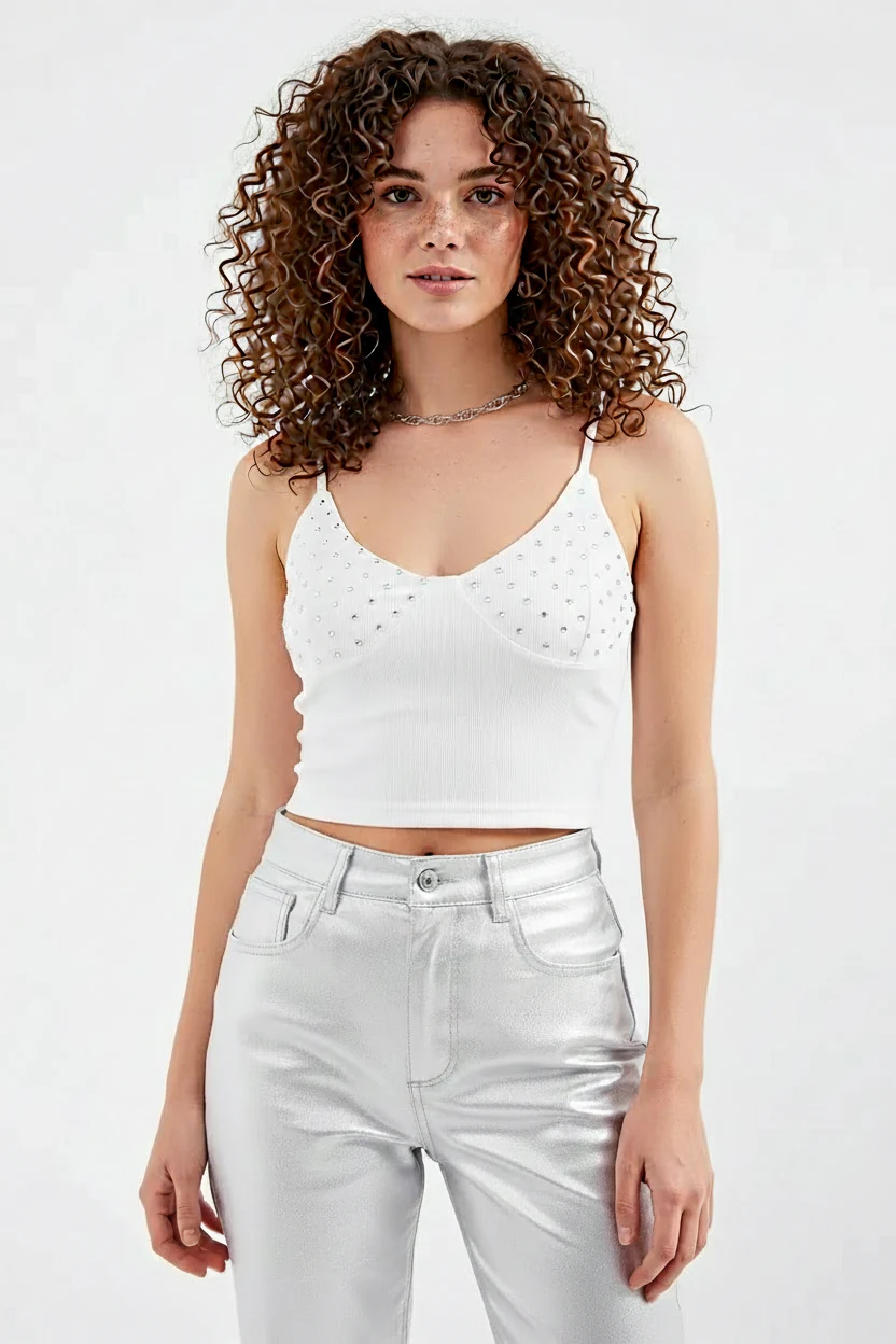 Kadın Askılı Taşlı Pamuklu Beyaz Crop Top