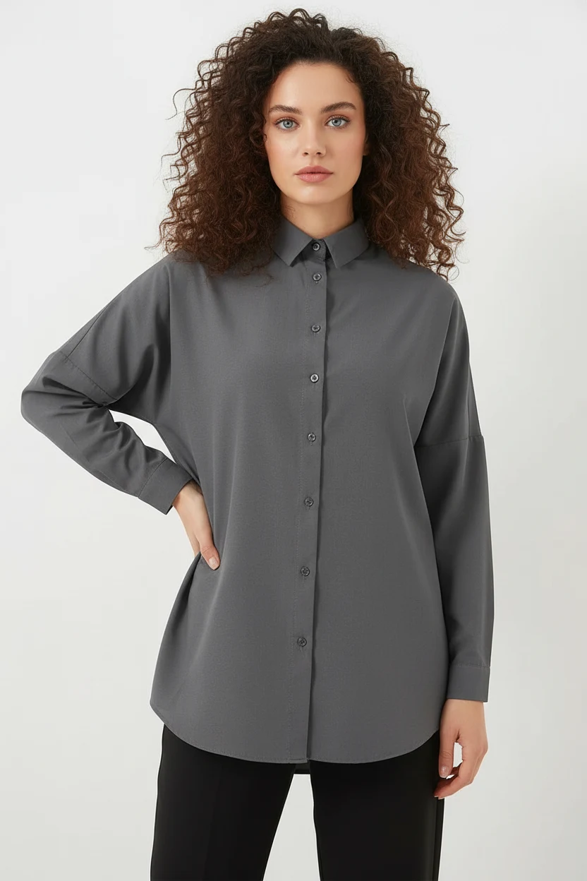 Kadın Oversize Basic Pamuklu Gri Tesettür Gömlek