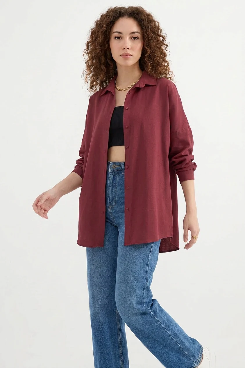 Kadın Oversize Basic Pamuklu Mürdüm Gömlek