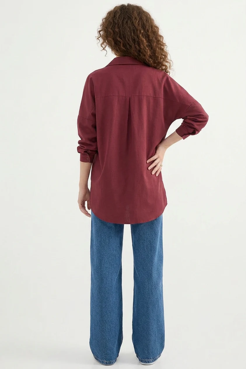 Kadın Oversize Basic Pamuklu Mürdüm Gömlek