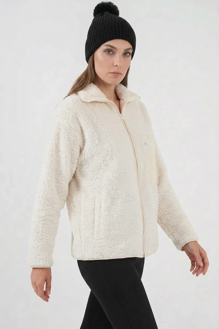 Kadın Dik Yaka Fermuarlı Oversize Cep Detaylı Bej Ceket