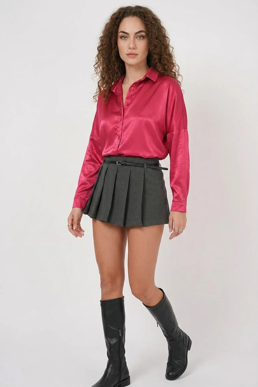 Kadın Oversize Saten Bordo Gömlek