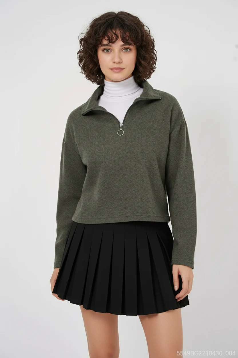 Kadın Klasik Yaka Düğmeli Pamuklu Haki Sweatshirt