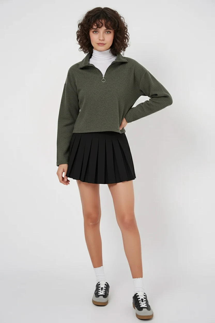 Kadın Klasik Yaka Düğmeli Pamuklu Haki Sweatshirt