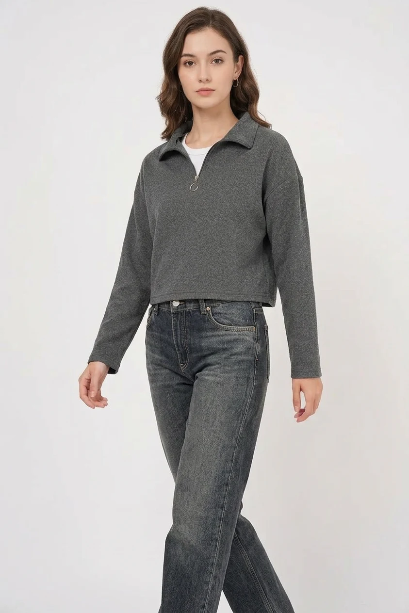 Kadın Yaka Fermuarli Pamuklu Antrasit Sweatshirt