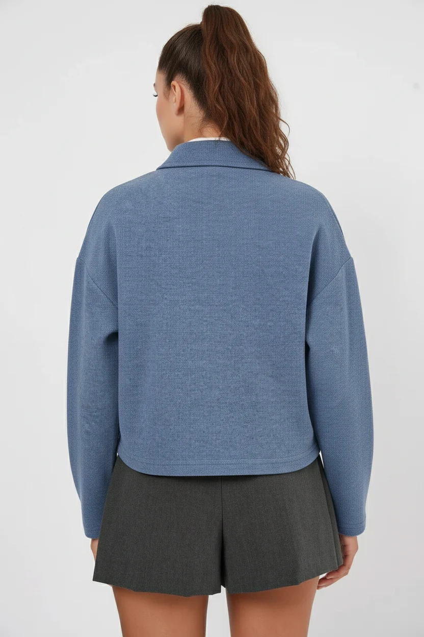 Kadın Fermuarli Yaka Pamuklu İndigo Sweatshirt