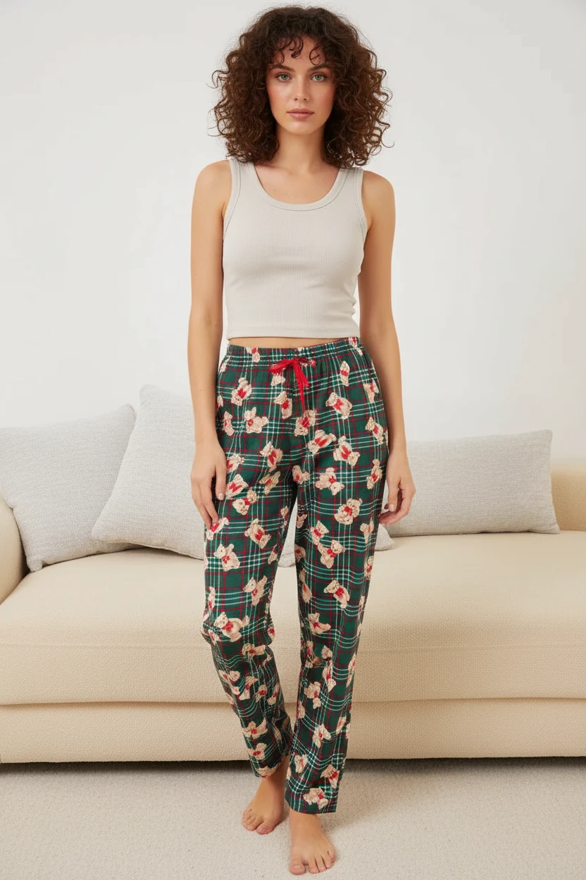 Kadın Beli Büzgülü Kareli Desenli Zümrüt Yeşili Pijama Altı