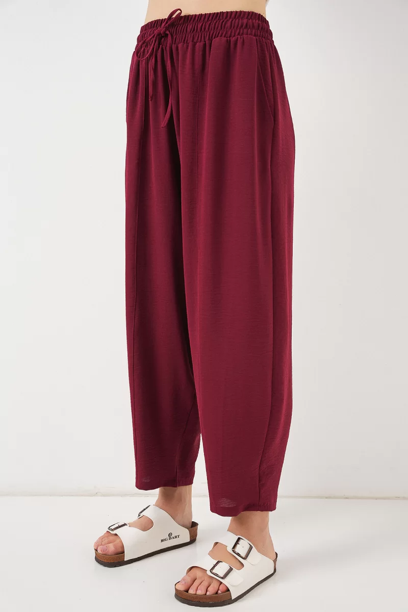 Kadın Yüksek Bel Keten Bordo Pantolon