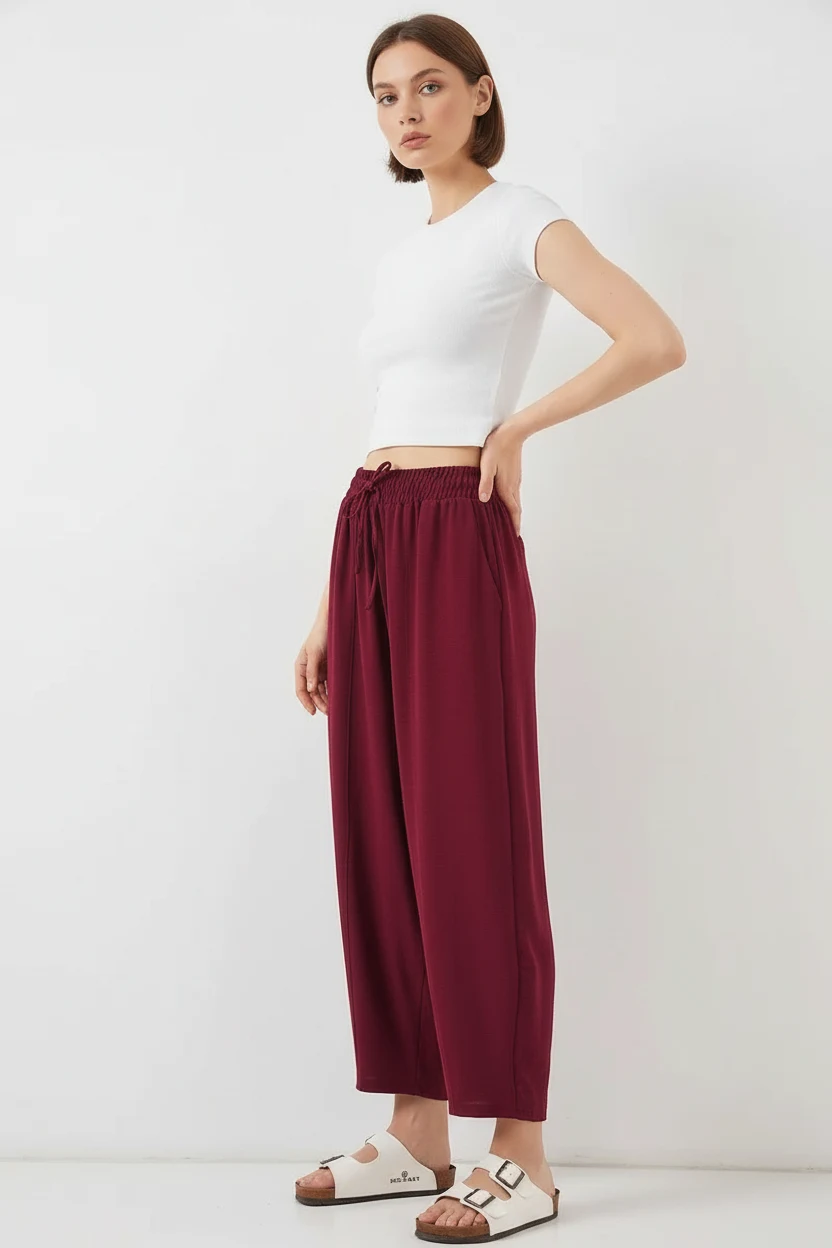 Kadın Yüksek Bel Keten Bordo Pantolon