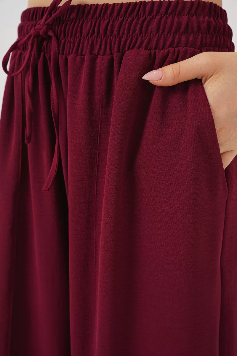 Kadın Yüksek Bel Keten Bordo Pantolon
