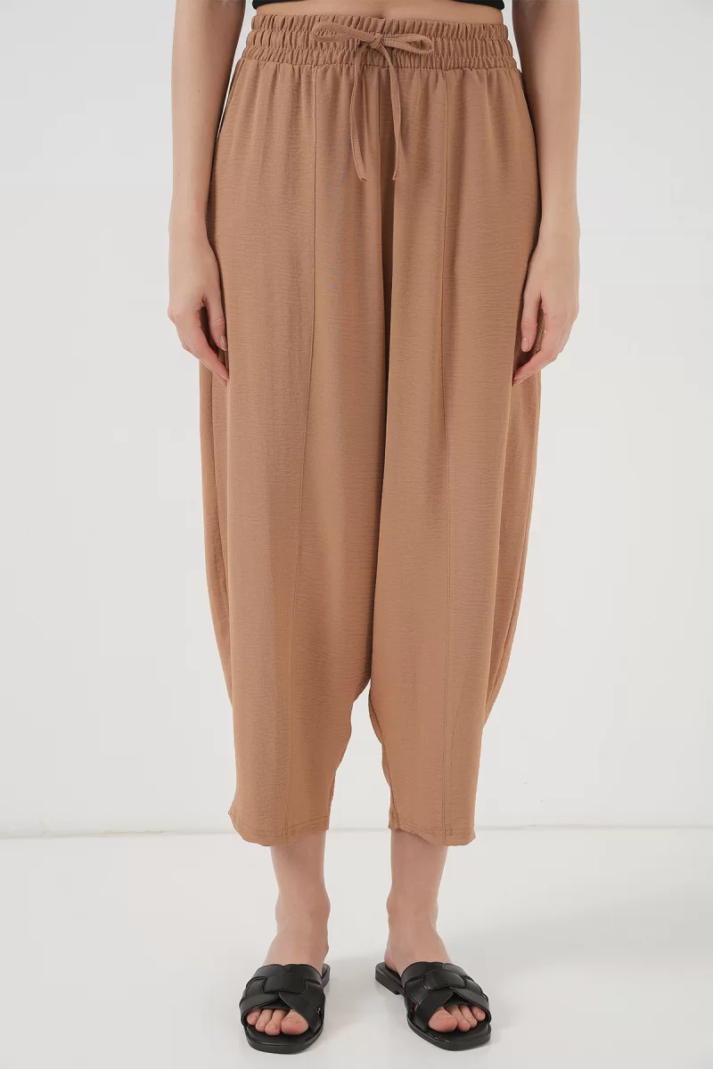 Kadın Yüksek Bel Keten Camel Pantolon