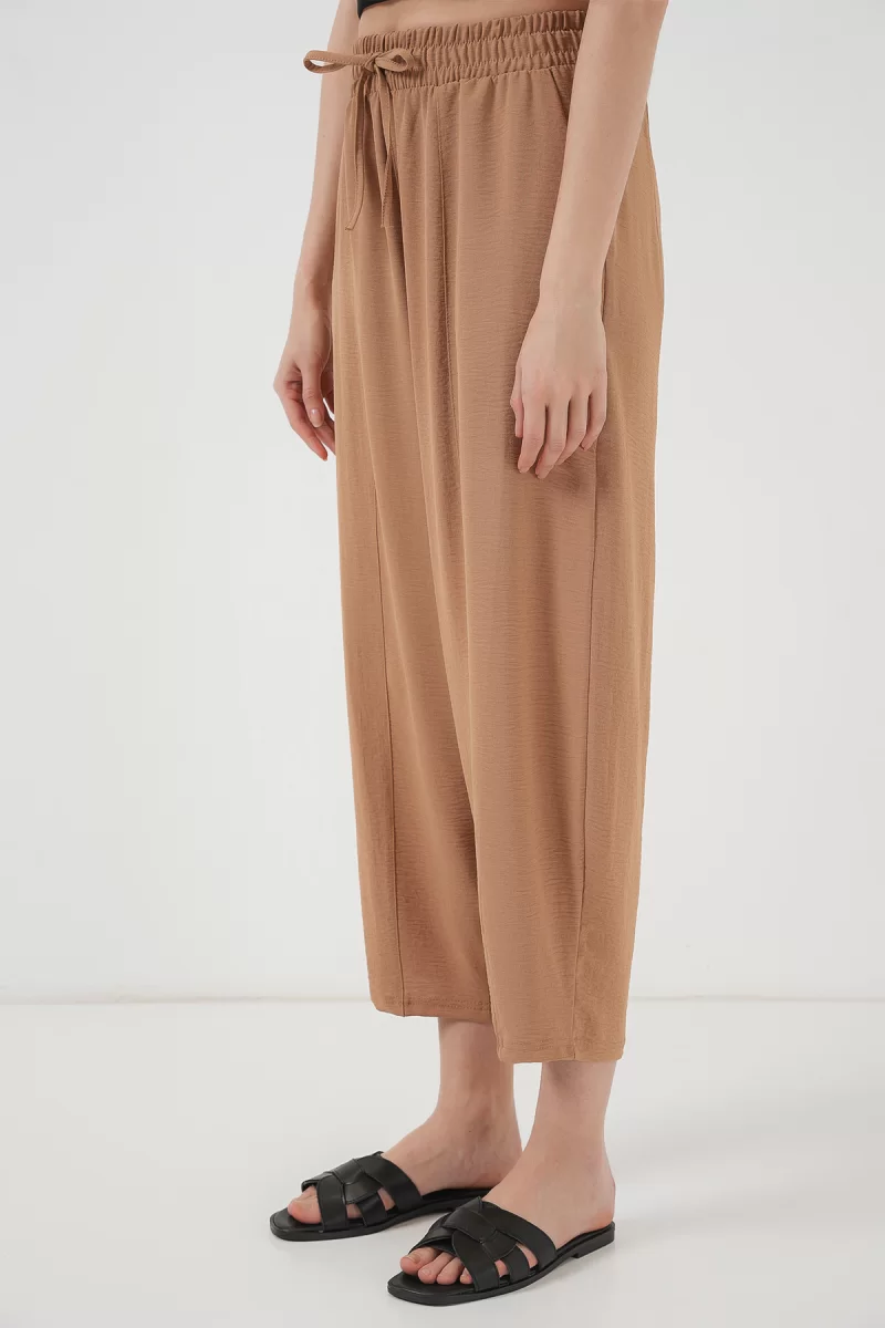 Kadın Yüksek Bel Keten Camel Pantolon