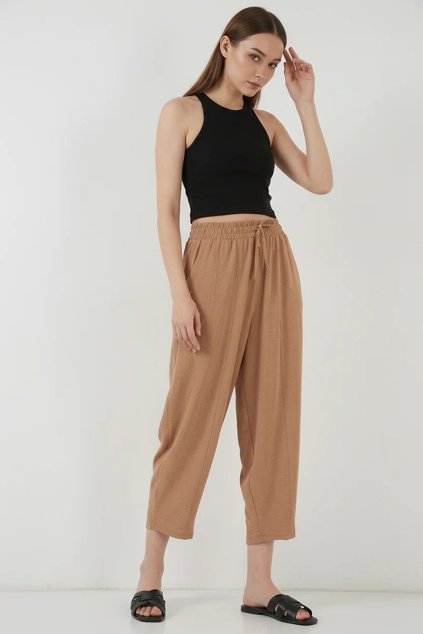 Kadın Yüksek Bel Keten Camel Pantolon