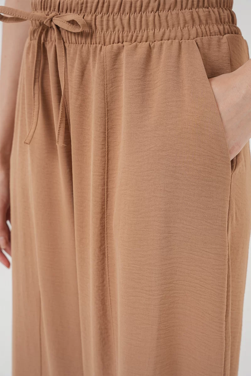 Kadın Yüksek Bel Keten Camel Pantolon