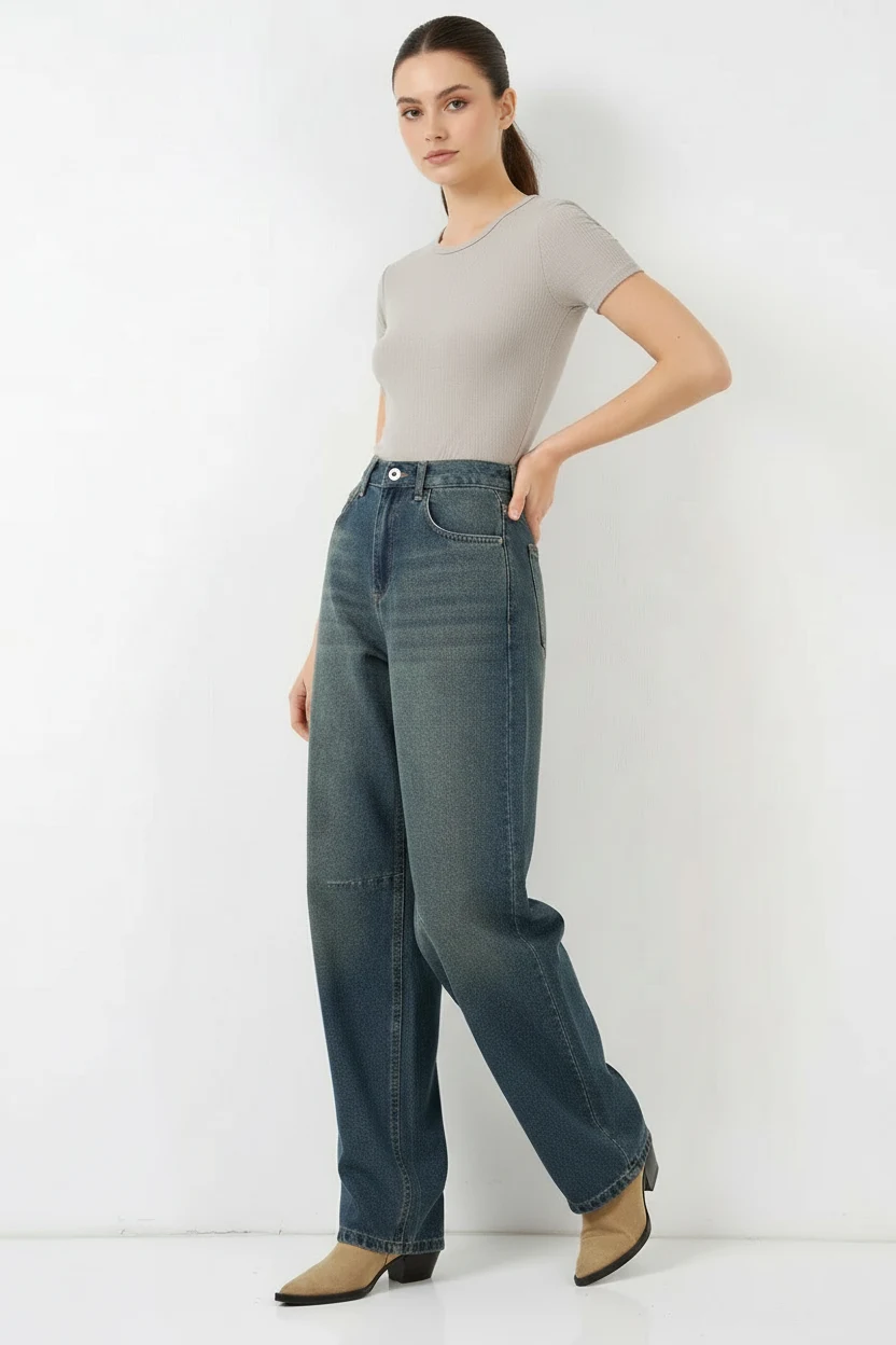 Kadın Yüksek Bel Baggy Pamuklu İndigo Kot Pantolon