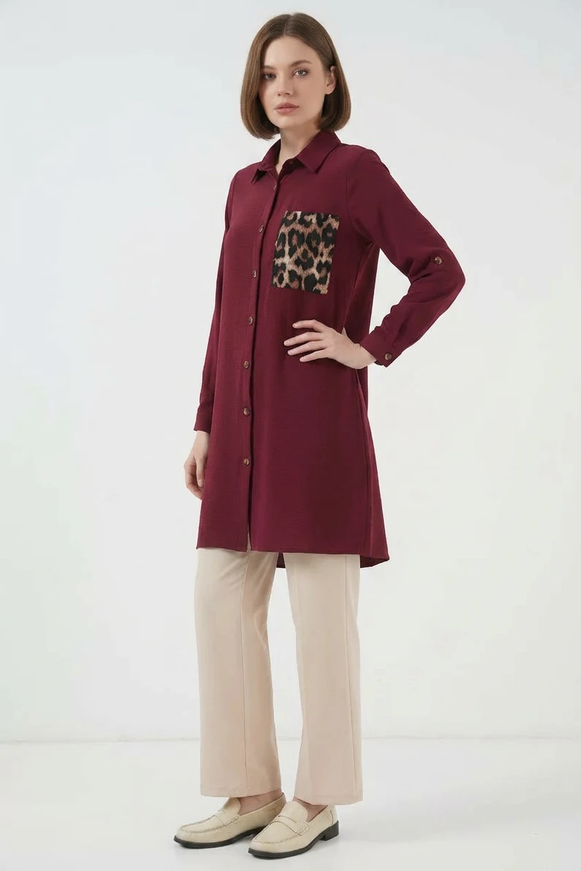Kadın Gömlek Yaka Leopar Desenli Cep Bordo Tunik