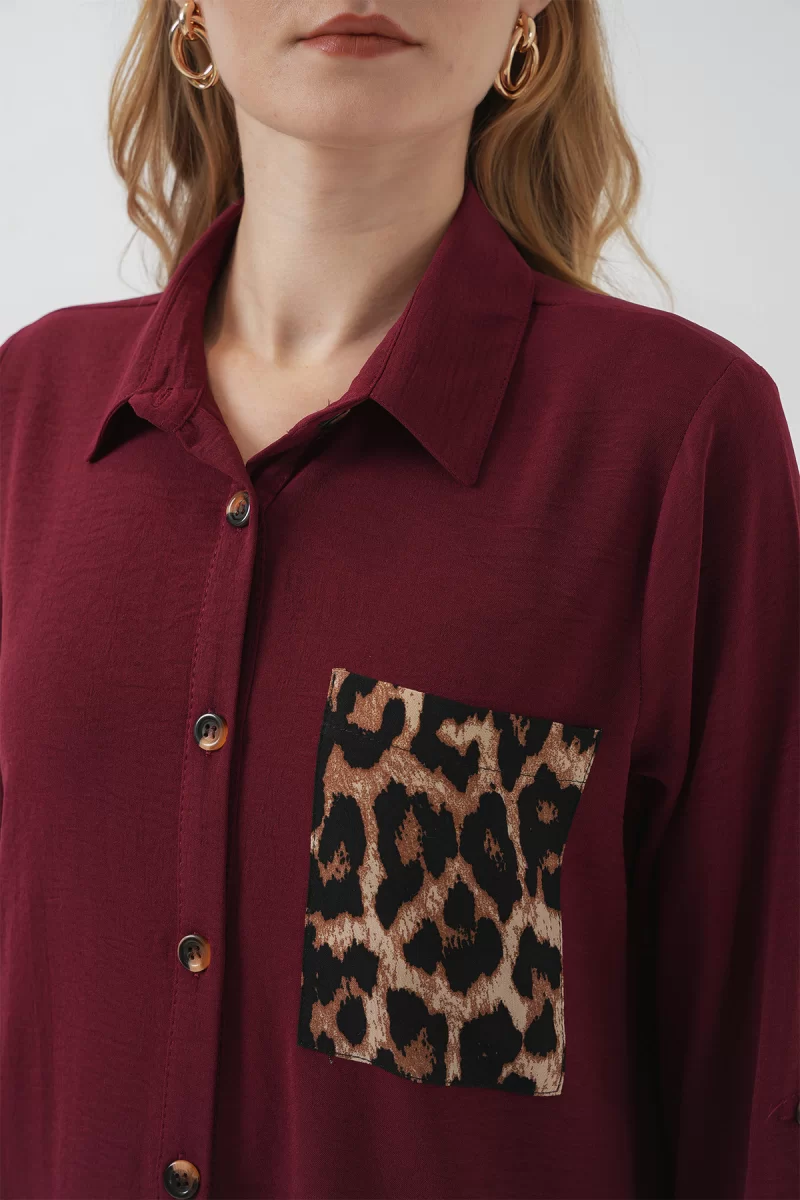 Kadın Gömlek Yaka Leopar Desenli Cep Bordo Tunik