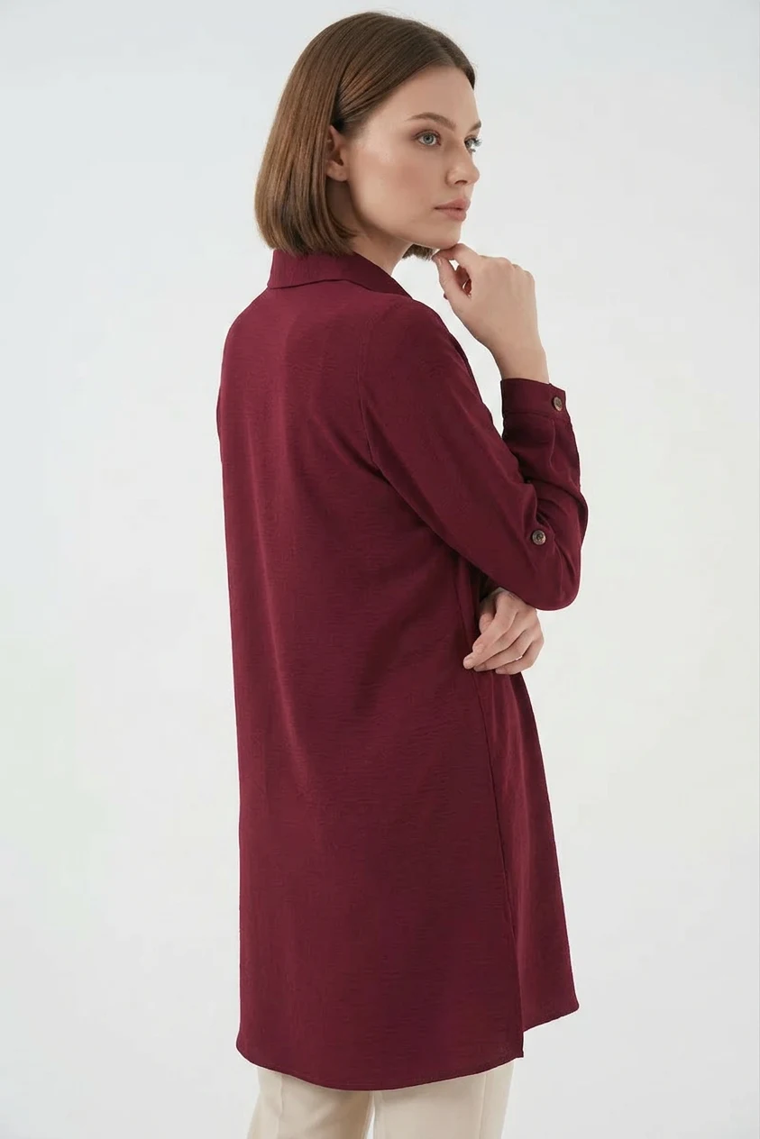 Kadın Gömlek Yaka Leopar Desenli Cep Bordo Tunik