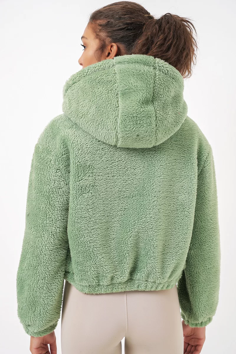 Kadın Kapüşonlu Crop Peluş Çağla Yeşili Ceket