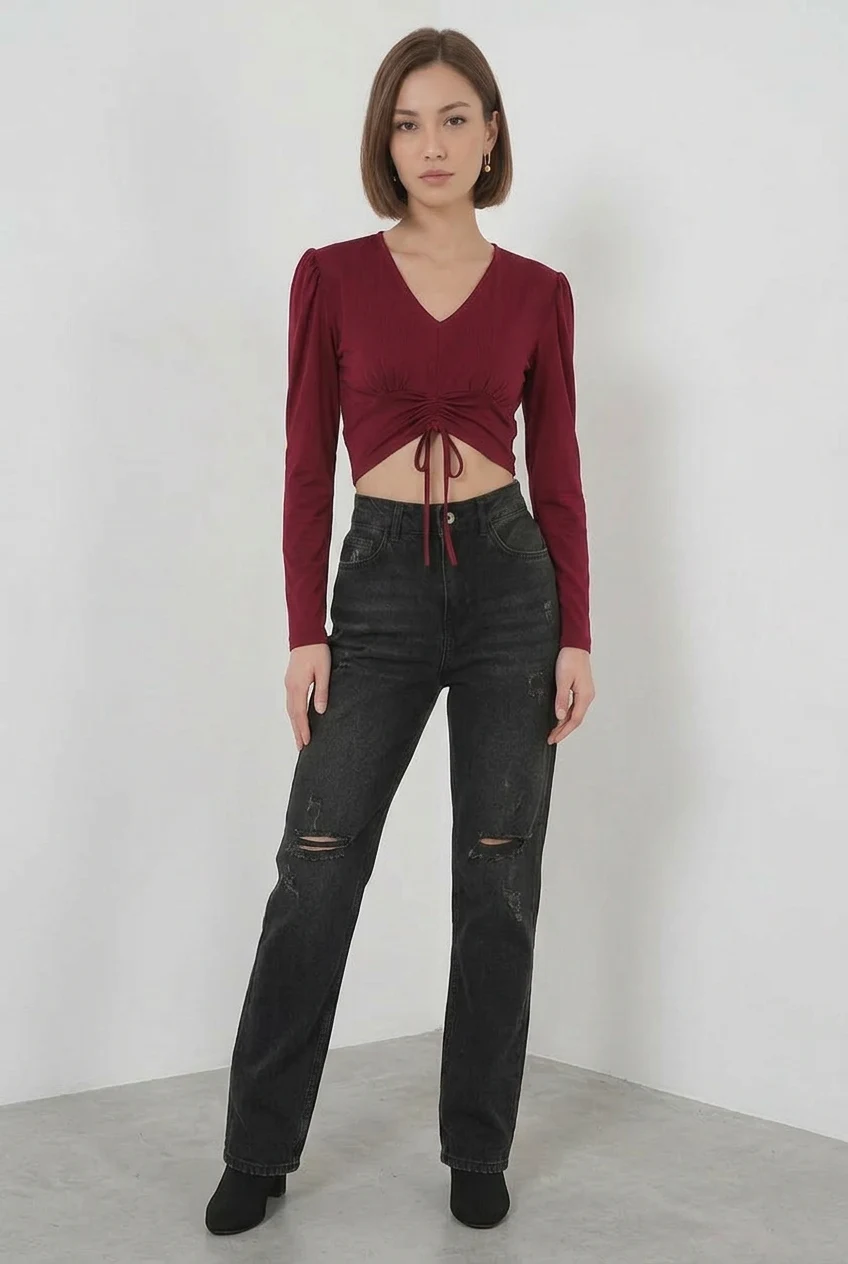 Kadın V Yaka Beli Büzgülü Kısa Boy Bordo Bluz