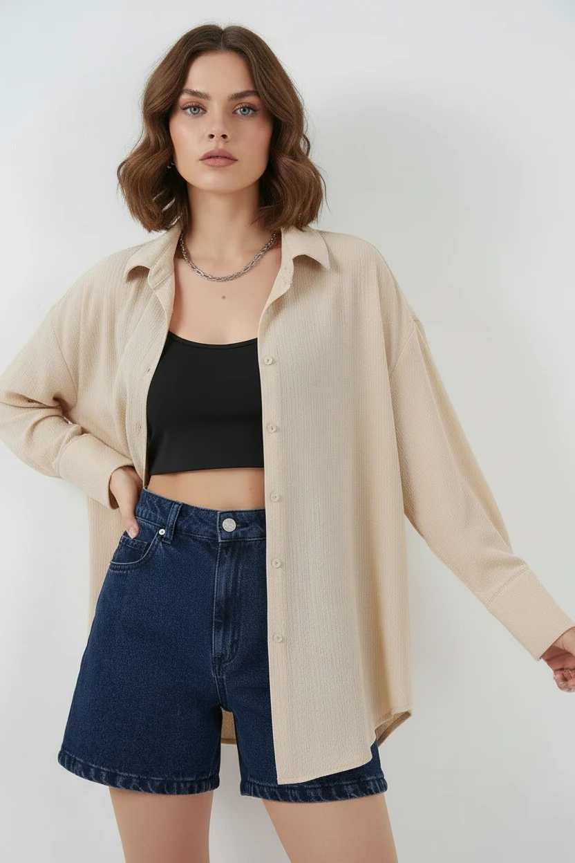 Kadın Oversize Kesim Bej Gömlek