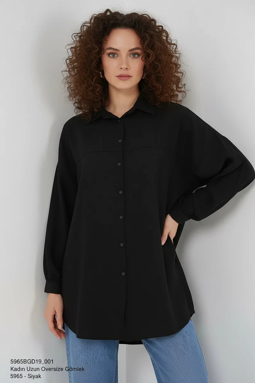 Kadın Oversize Kesim Viskon Siyah Gömlek