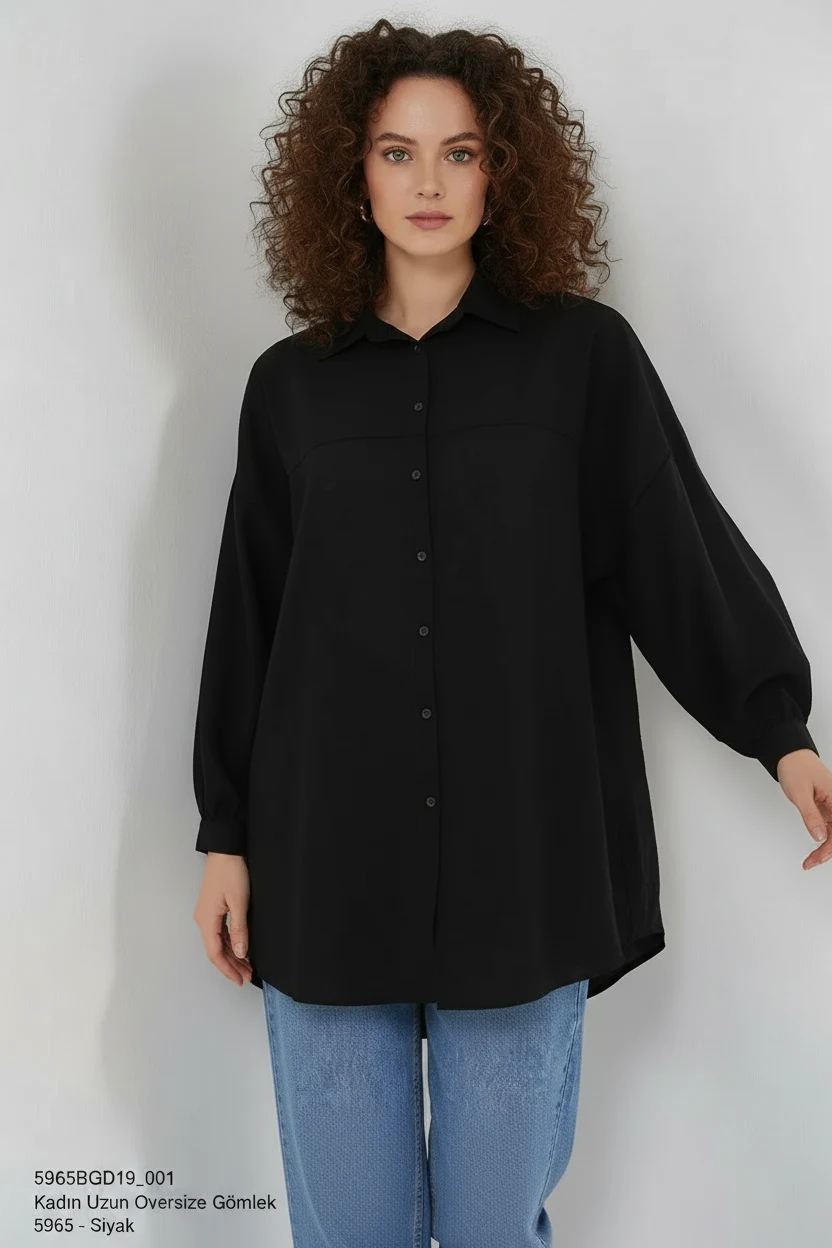 Kadın Oversize Kesim Viskon Siyah Gömlek