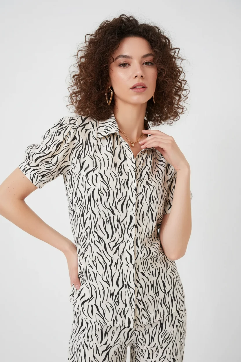 Kadın Gömlek Yaka Kuşaklı Kısa Kol Zebra Desenli Viskon C.Beyaz Elbise