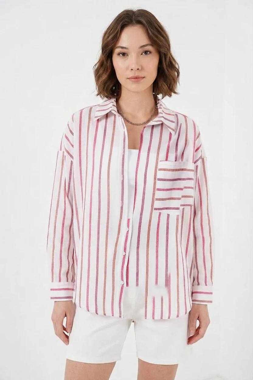 Kadın Oversize Çizgili Pamuklu Kırmızı Gömlek