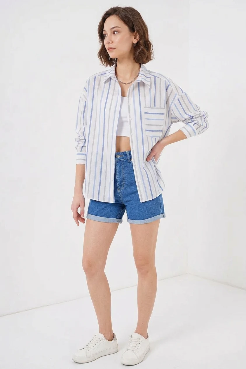 Kadın Oversize Çizgili Pamuklu Mavi Gömlek