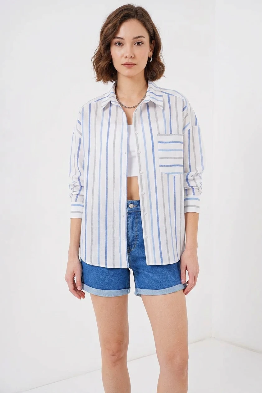 Kadın Oversize Çizgili Pamuklu Mavi Gömlek