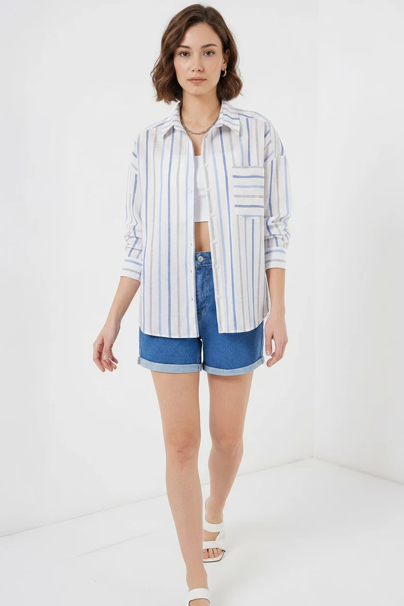 Kadın Oversize Çizgili Pamuklu Mavi Gömlek